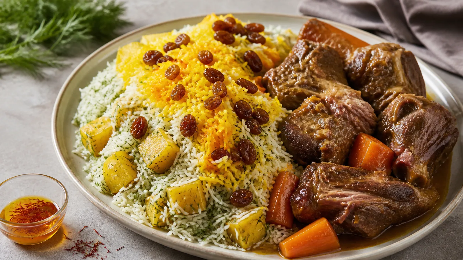 Dill and potato rice with saffron lamb carrots and buttery raisins