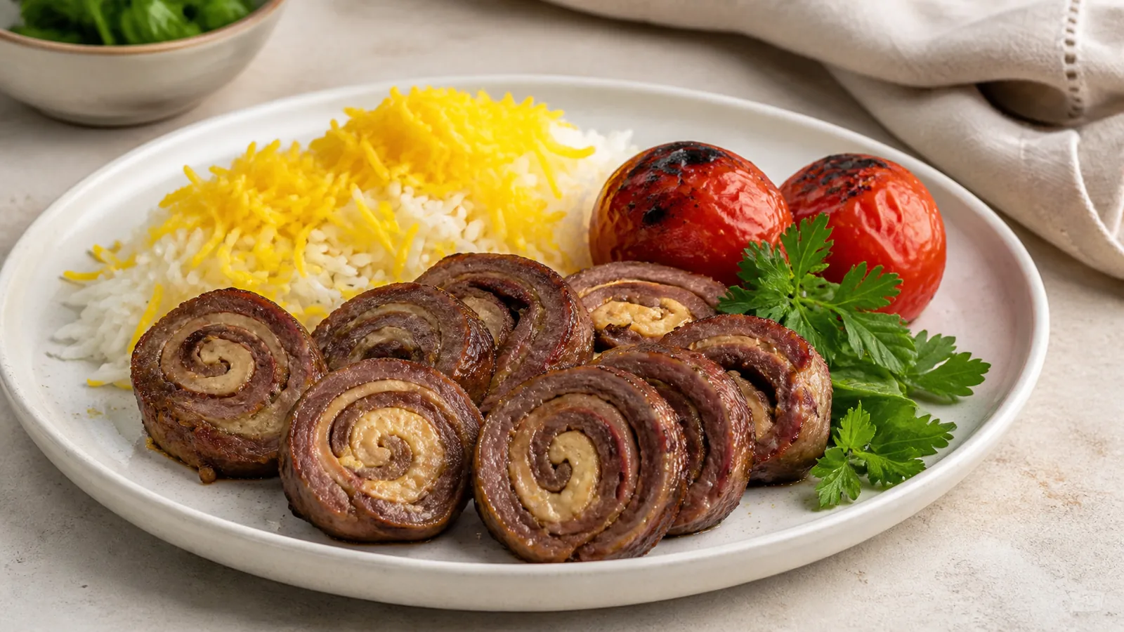 Sliced beef and chicken Kebab roulette with saffron rice and grilled tomatoes