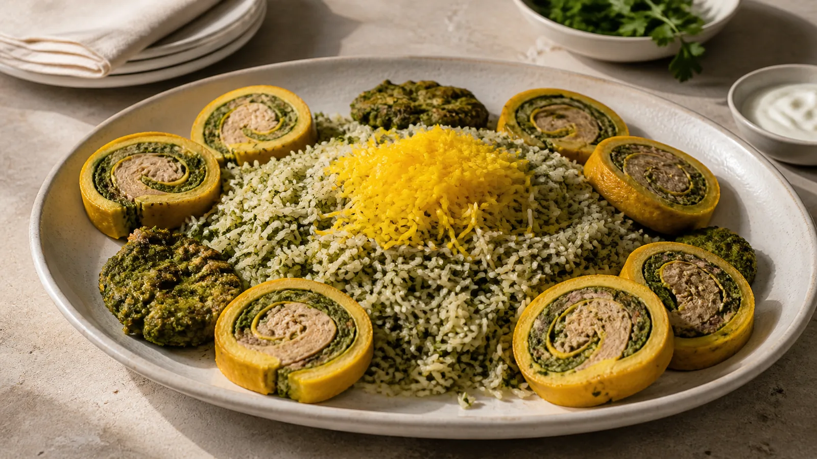 Kuku rice with sliced herb and tuna vegetable roulette and saffron rice