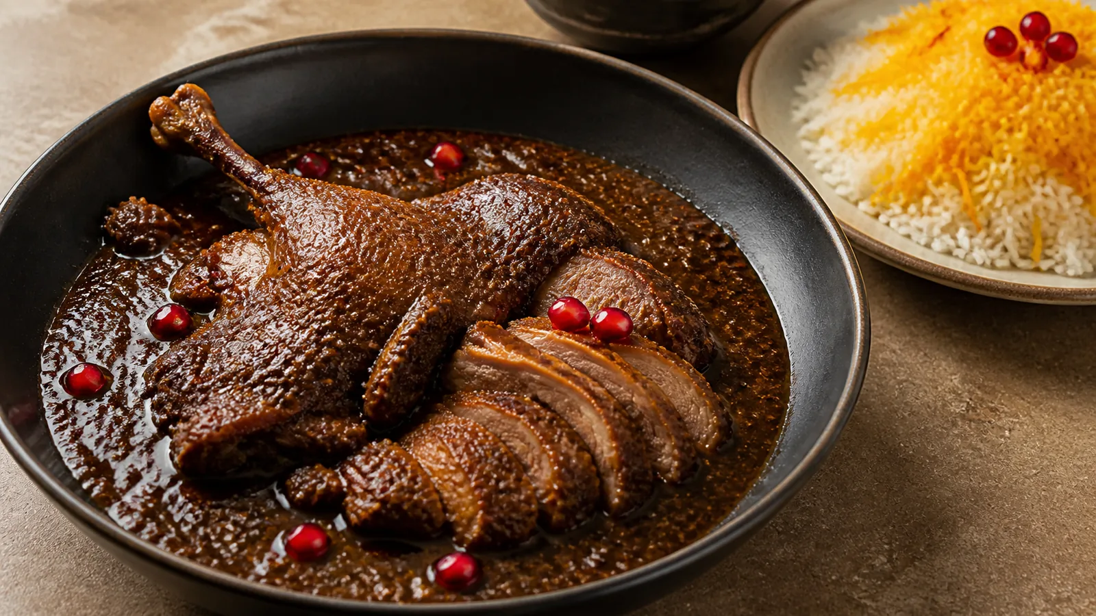 Duck Fosanjan with walnut pomegranate sauce and saffron rice