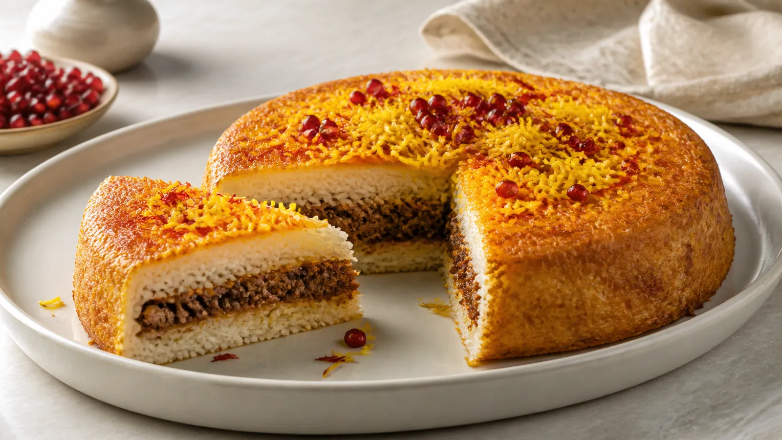 Tahchin meat layered with rice pomegranate paste and saffron garnish