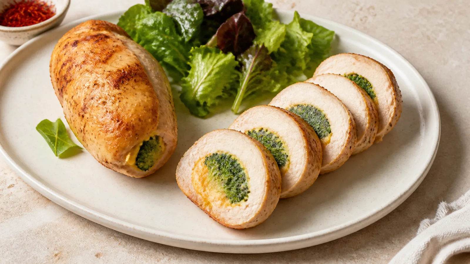 Sliced cheese chicken roulette filled with broccoli and saffron cheddar