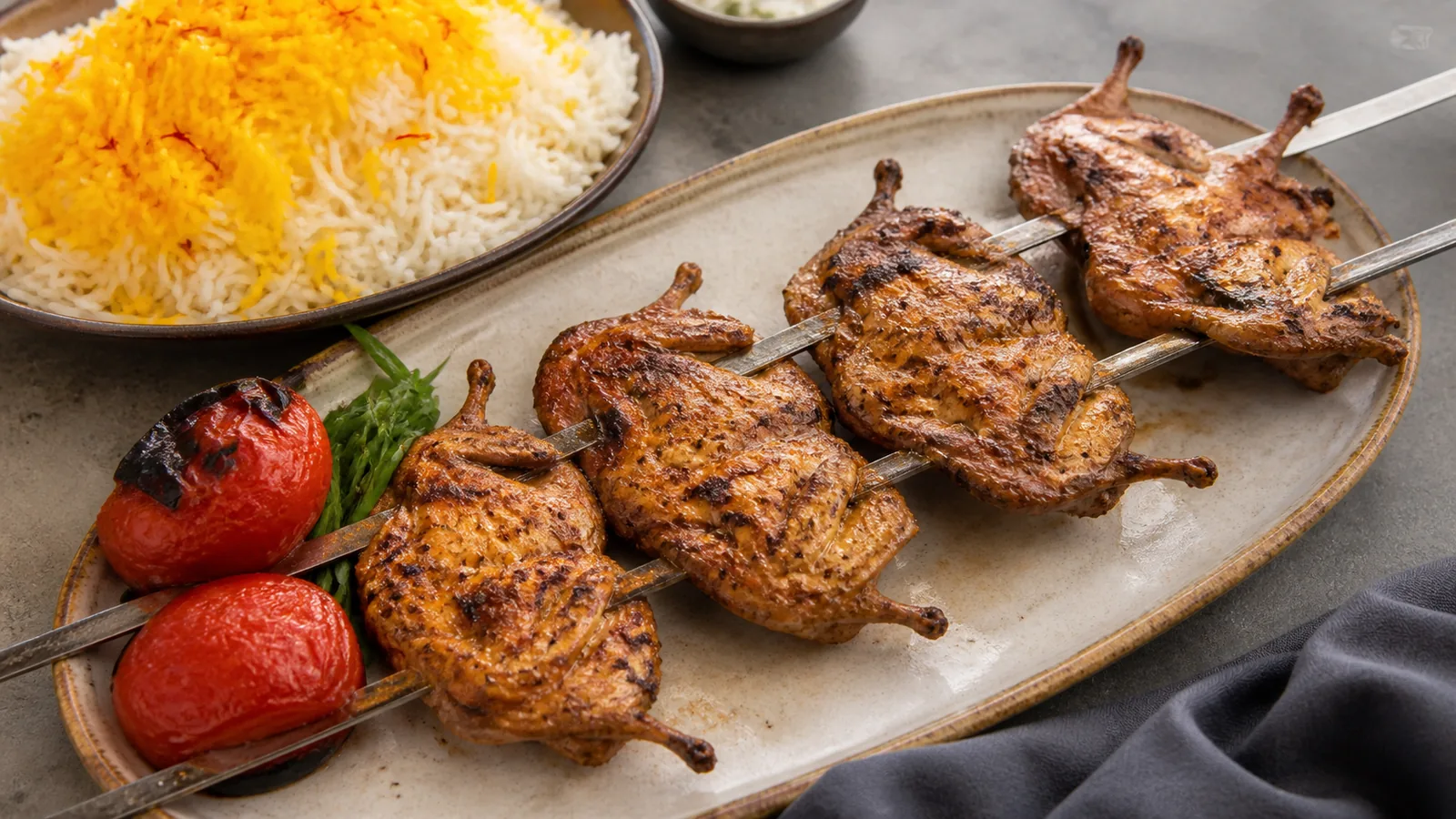 Grilled quail kebab with Iranian saffron rice and tomatoes