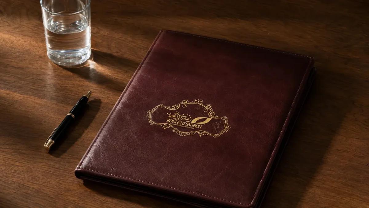 Rowhani Saffron Co. branded leather folio with a pen and glass of water on a wooden desk.