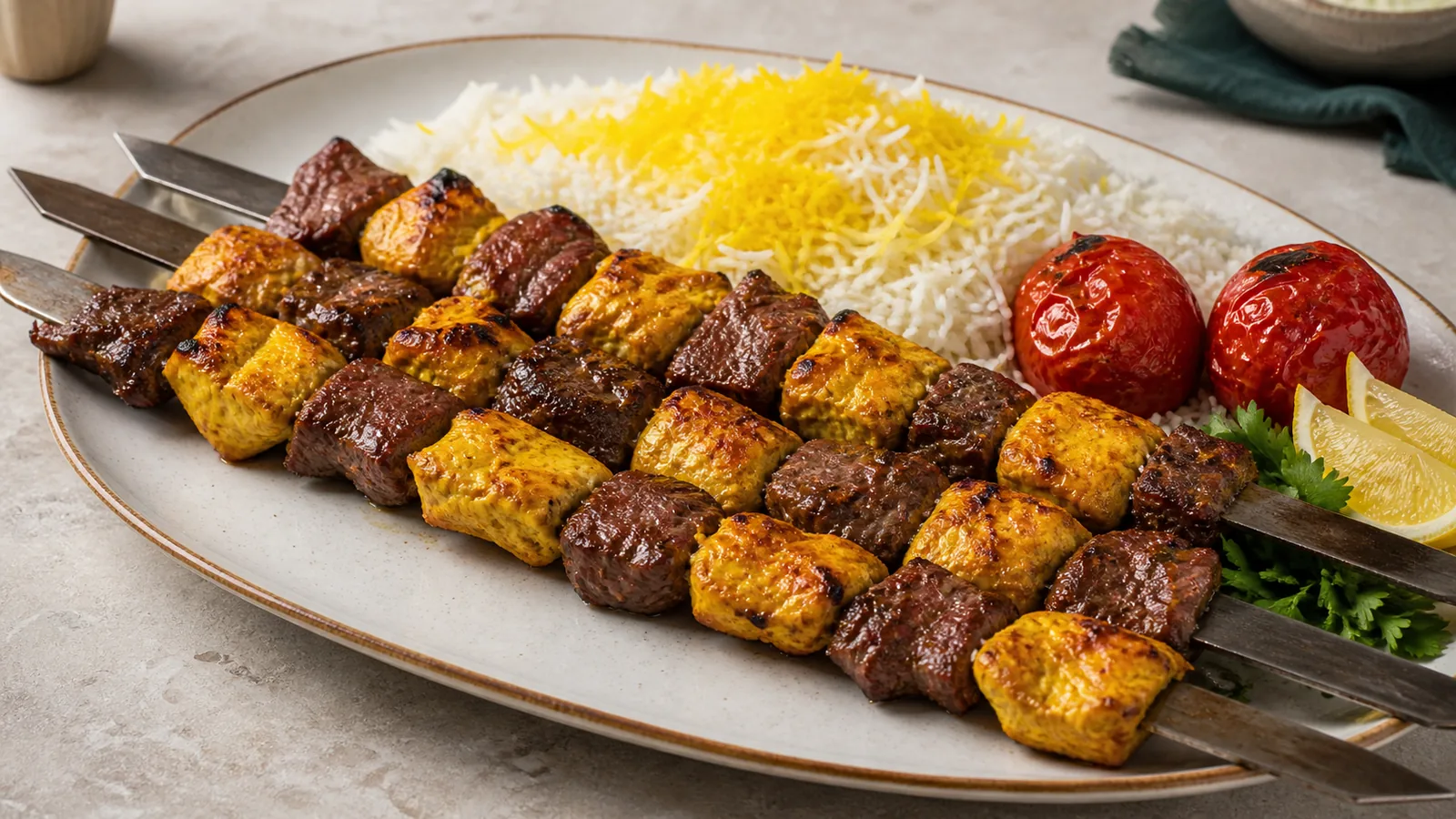 Bakhtiari kebab skewers with saffron chicken lamb rice and grilled tomatoes