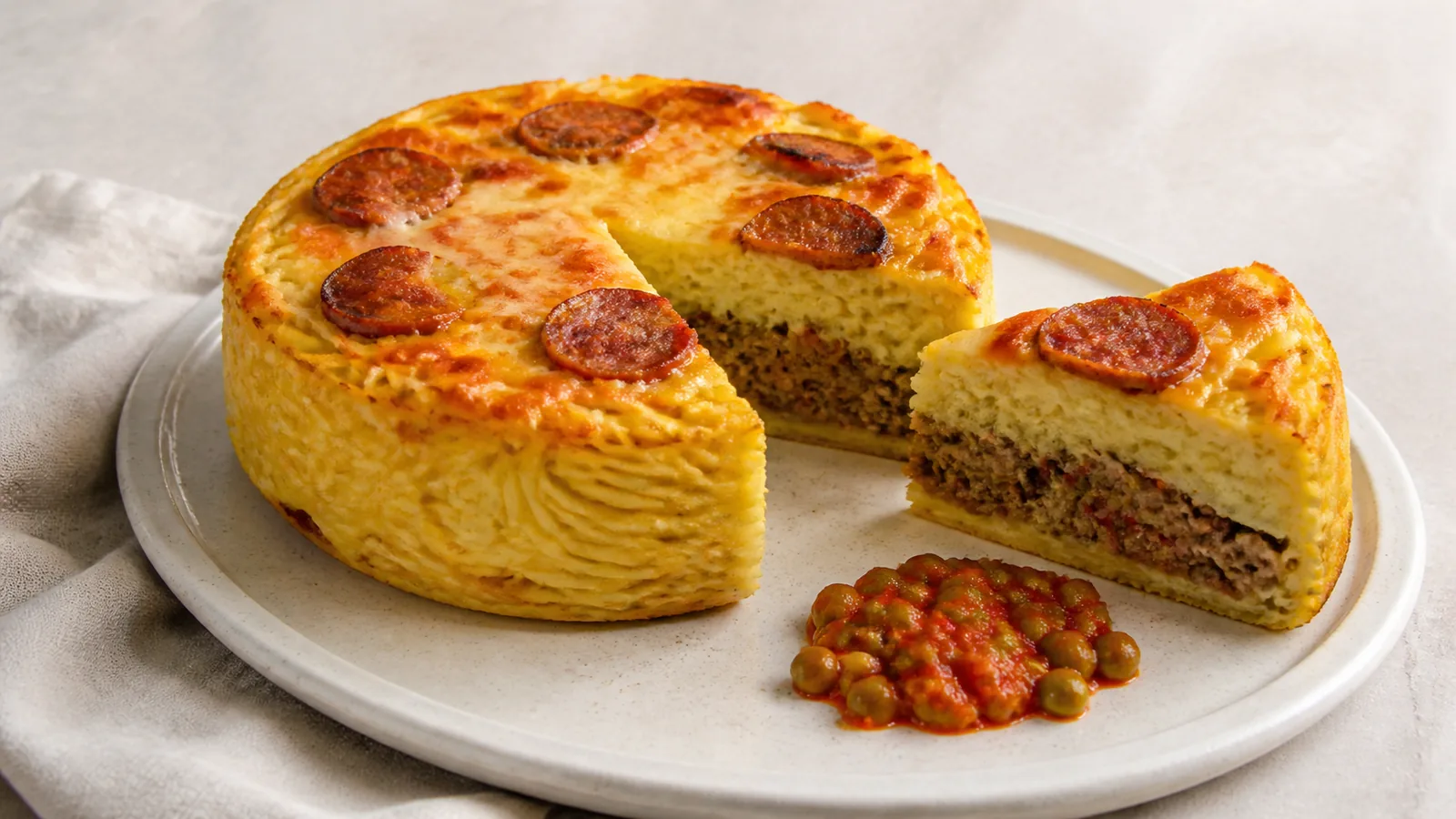 Sliced saffron pasta cake with meat filling cheese and bell pepper