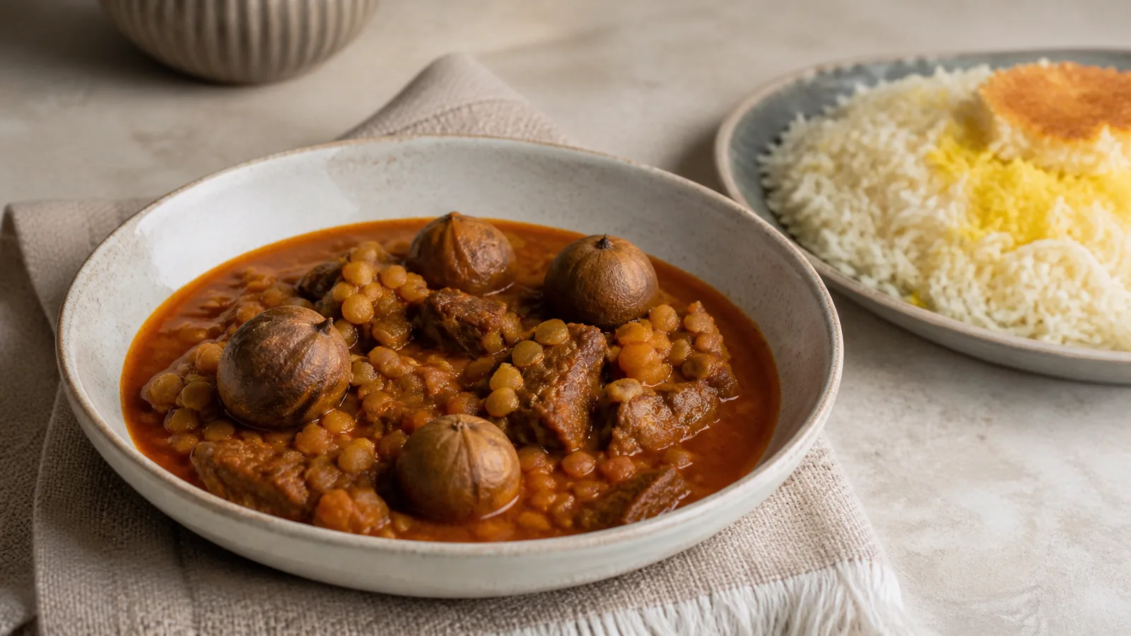 Oil-free saffron meat stew with split peas dried limes and rice