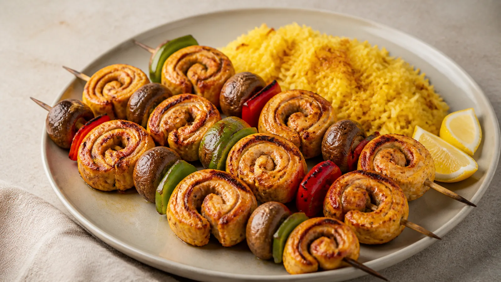 Saffron chicken snail kebab pinwheels with mushrooms and bell pepper