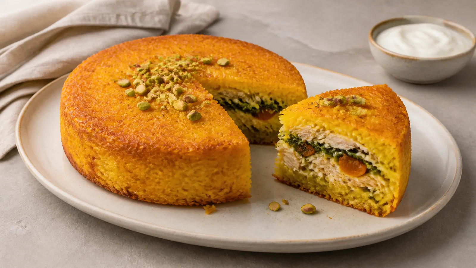 Sliced Tahchin Qaisi with saffron rice chicken spinach and dried apricots