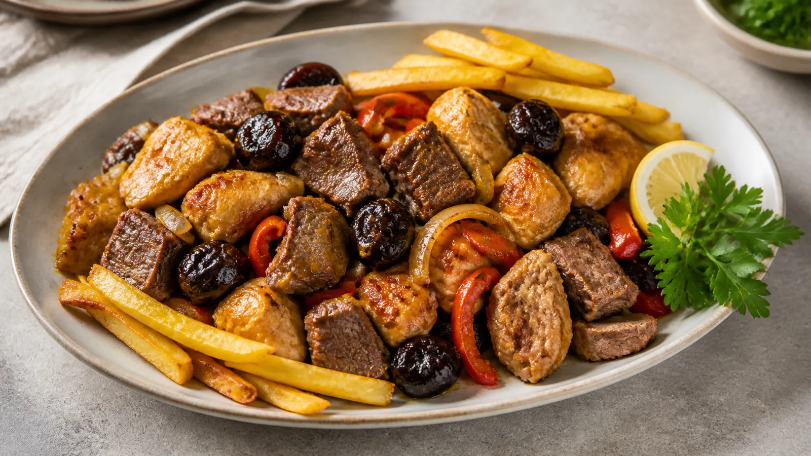 Persian liver and chicken dish with saffron plums bell pepper and potatoes