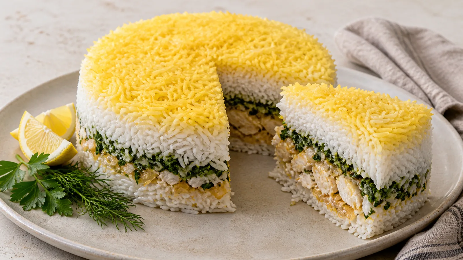 Molded saffron fish rice with green herb and onion layers
