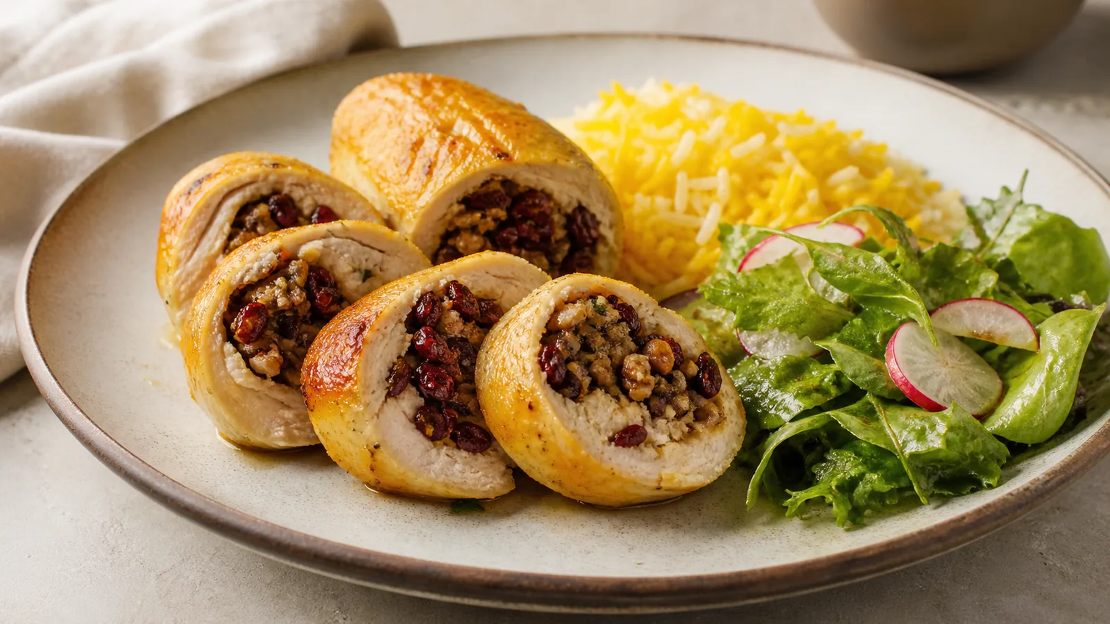 Sliced saffron stuffed chicken fillet with barberry walnut and onion filling
