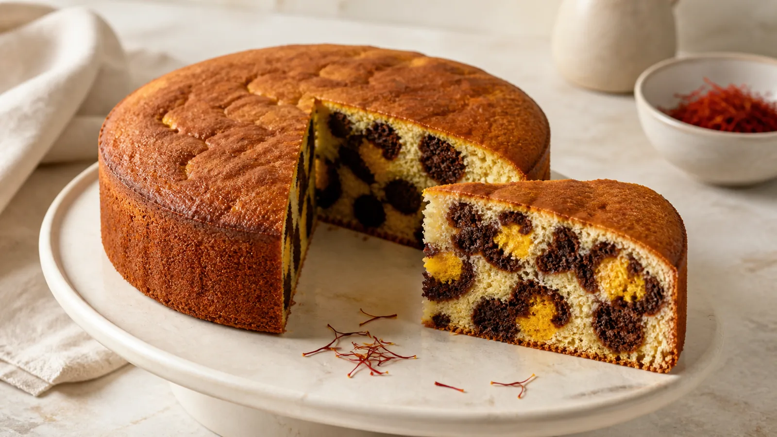 Sliced leopard cake patterned with cocoa and saffron batter