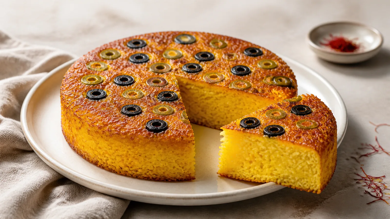 Saffron Tahchin olives with green and black olive pattern