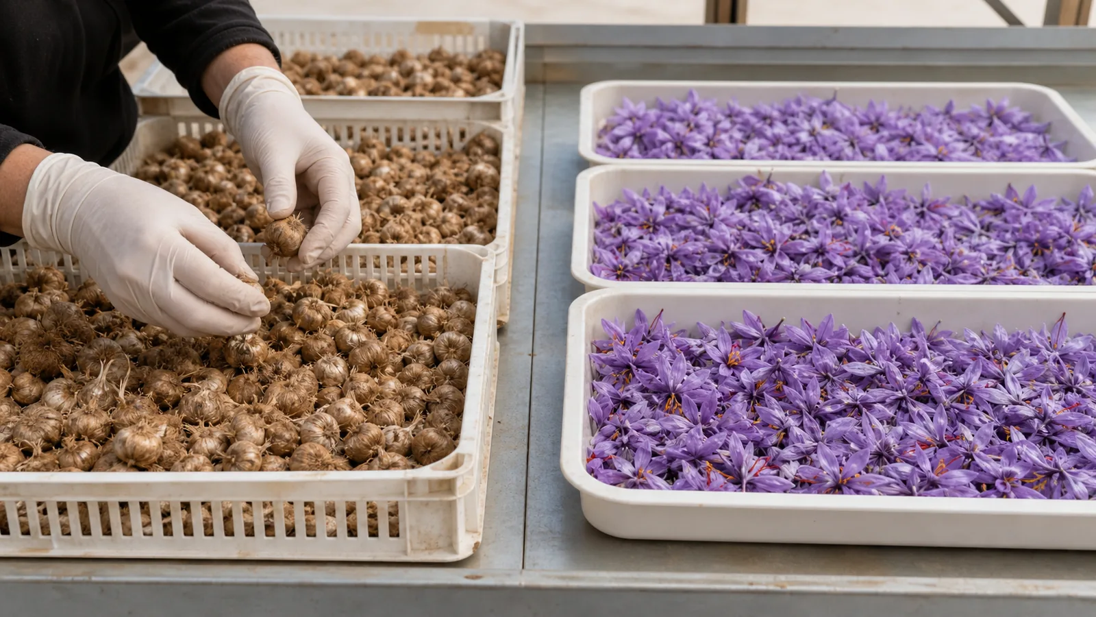 Saffron corms and harvested flowers separated in clean handling trays
