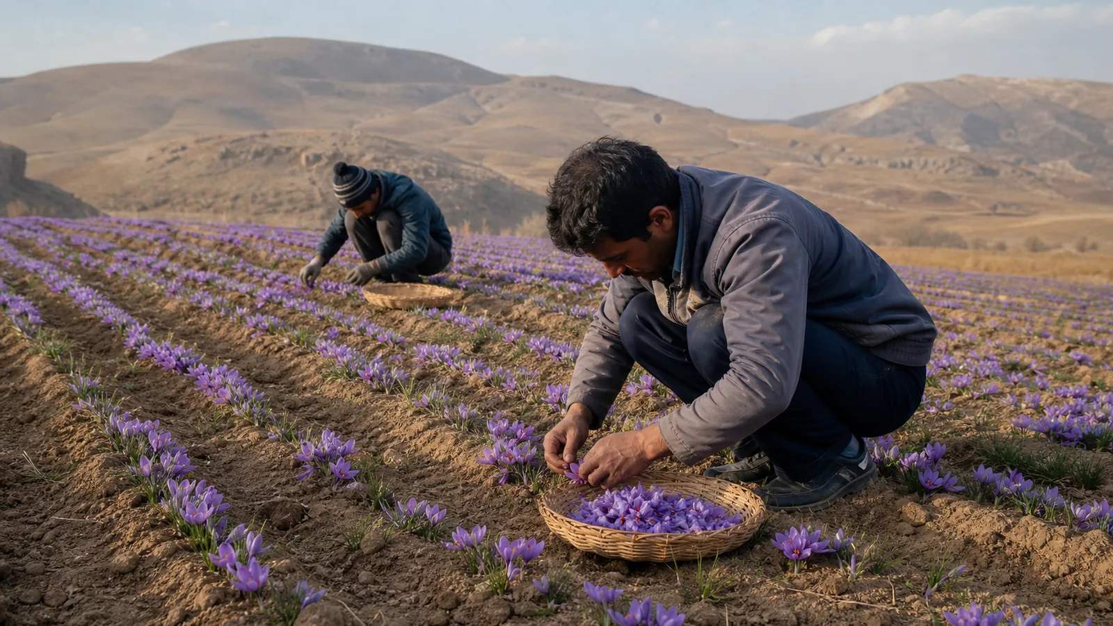 Experimental saffron harvest in a field near Shahin Dej