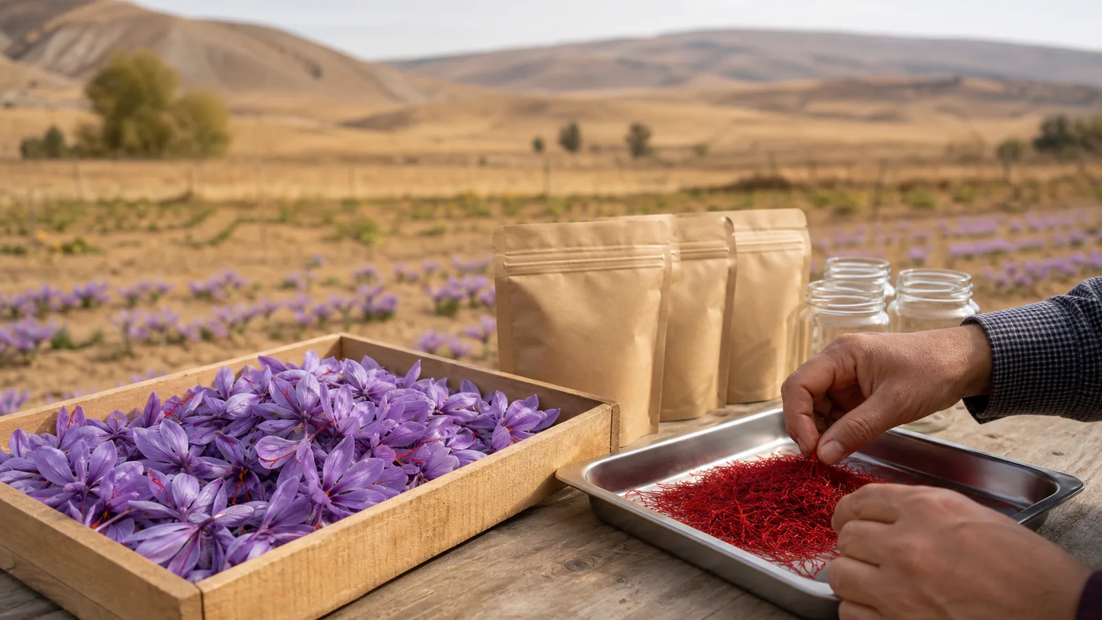 Fresh Komijan saffron flowers and threads prepared in simple unbranded trays