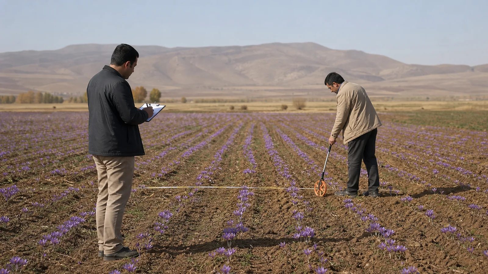 Agronomists surveying saffron cultivation rows in Hamedan Province