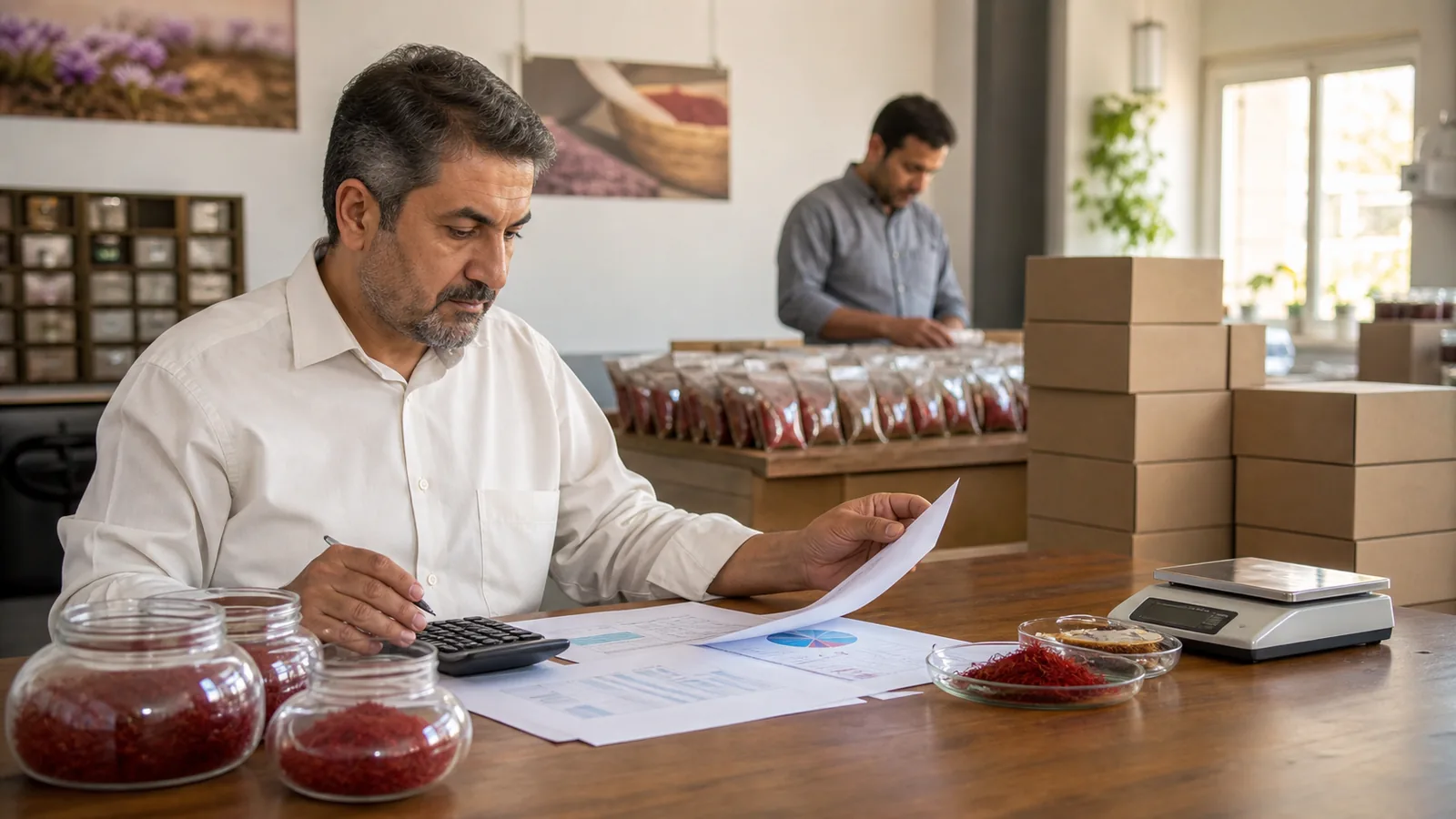 Saffron trader reviewing domestic and export market figures in Mashhad