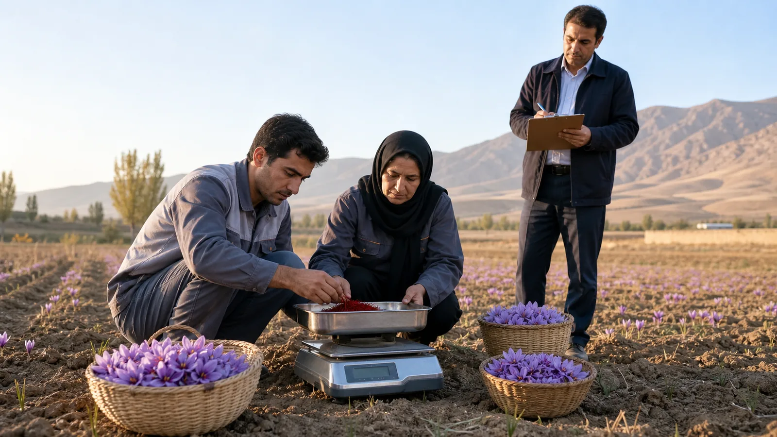 Saffron harvest being weighed beside a Lorestan field