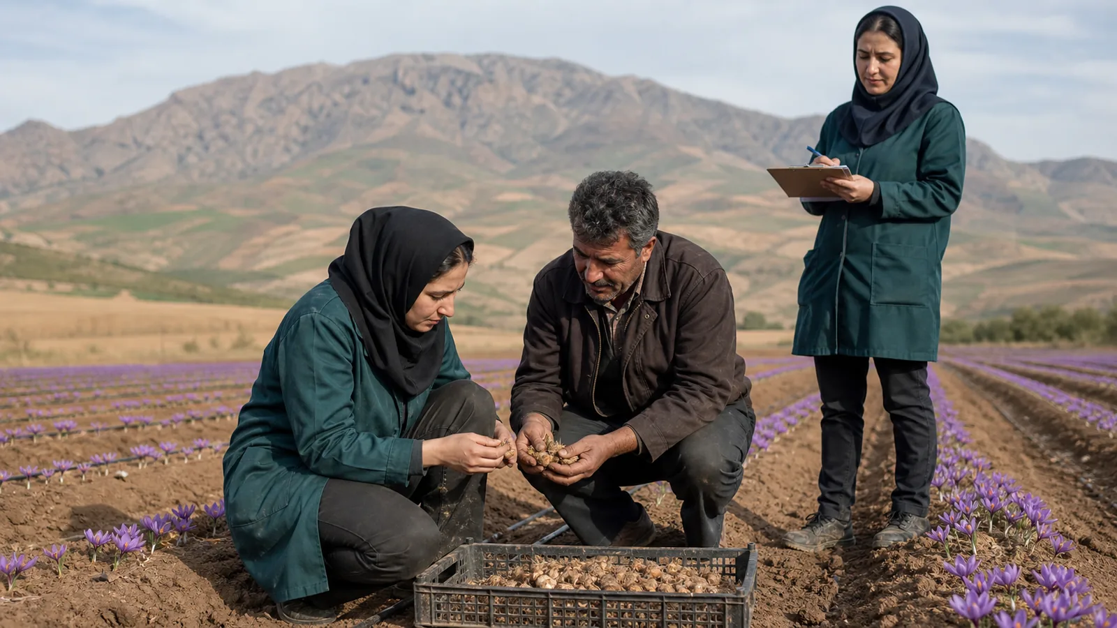 Agronomists inspecting saffron rows and corms in Kermanshah