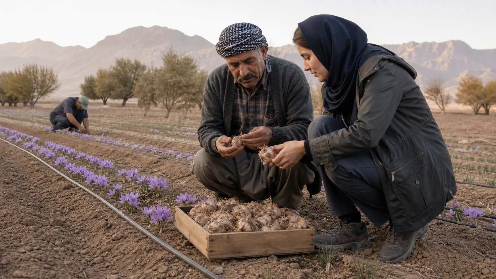 Farmer inspecting saffron corms beside irrigated rows in Meybod