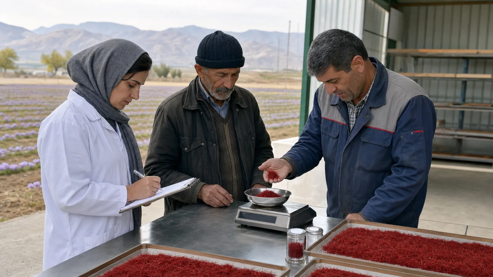 Agricultural team measuring a saffron harvest in Hamedan