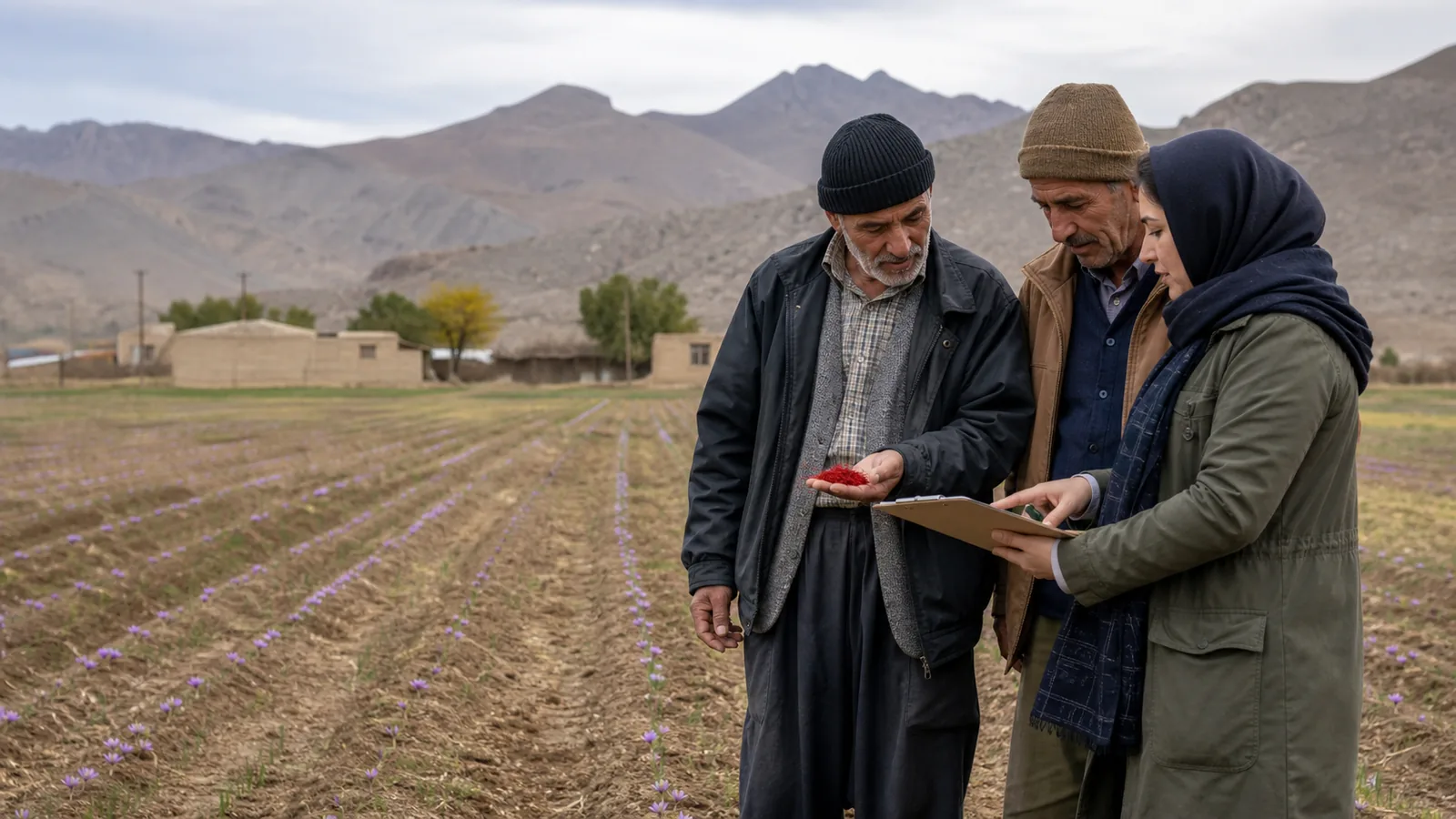 Saffron growers reviewing a field with an adviser in Aligudarz