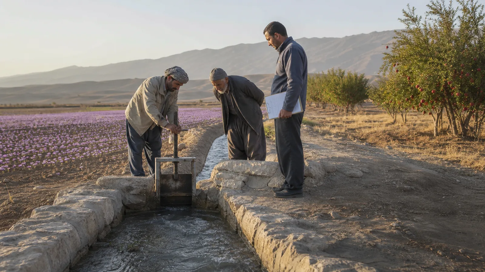 Farmers inspecting qanat water beside saffron fields in Baladeh