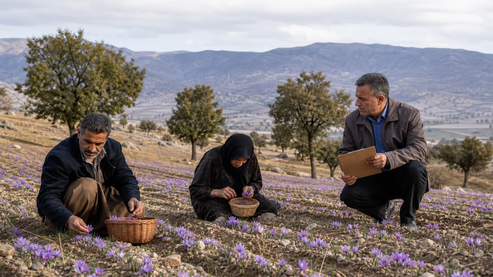 Farmers harvesting saffron in the uplands of Khuzestan