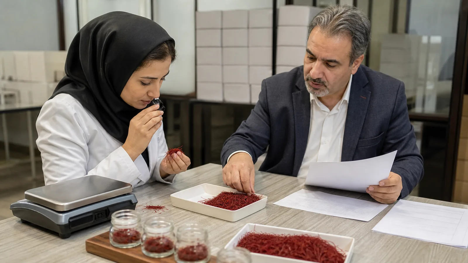 Exporter reviewing Iranian saffron quality and market pricing