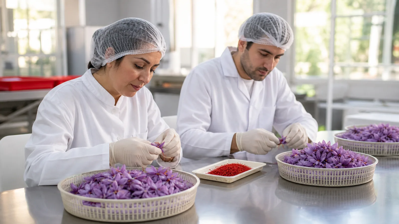 Workers separating saffron stigmas at a clean processing table