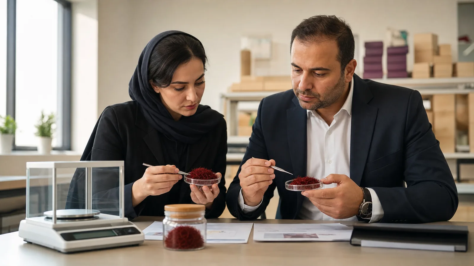 Saffron export specialists comparing quality samples and market notes
