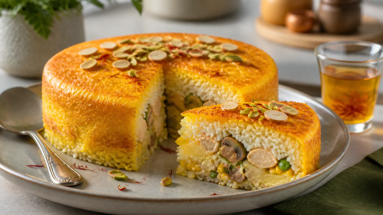 Saffron tahchin with chicken breast corn peas and golden rice crust