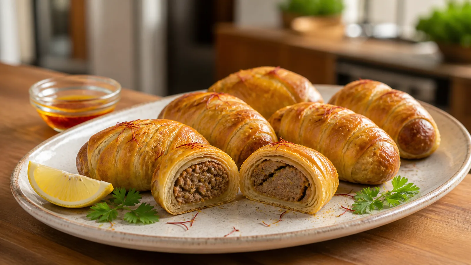 Pistary kofta kebab wrapped in golden saffron puff pastry