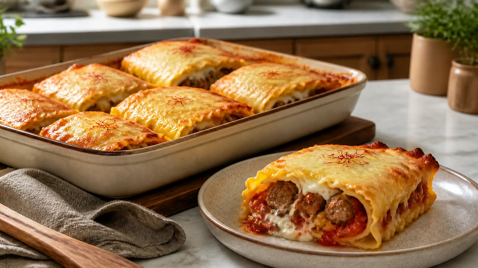 Iranian saffron lasagna rolls with minced meatballs and mozzarella