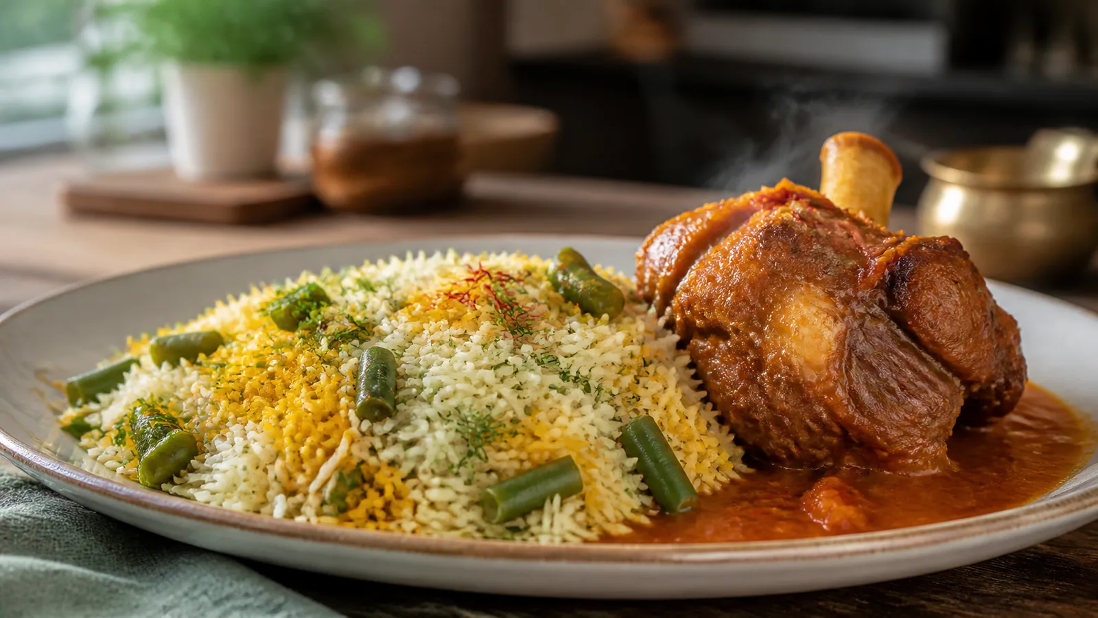 Dill rice and green beans served with saffron braised mutton
