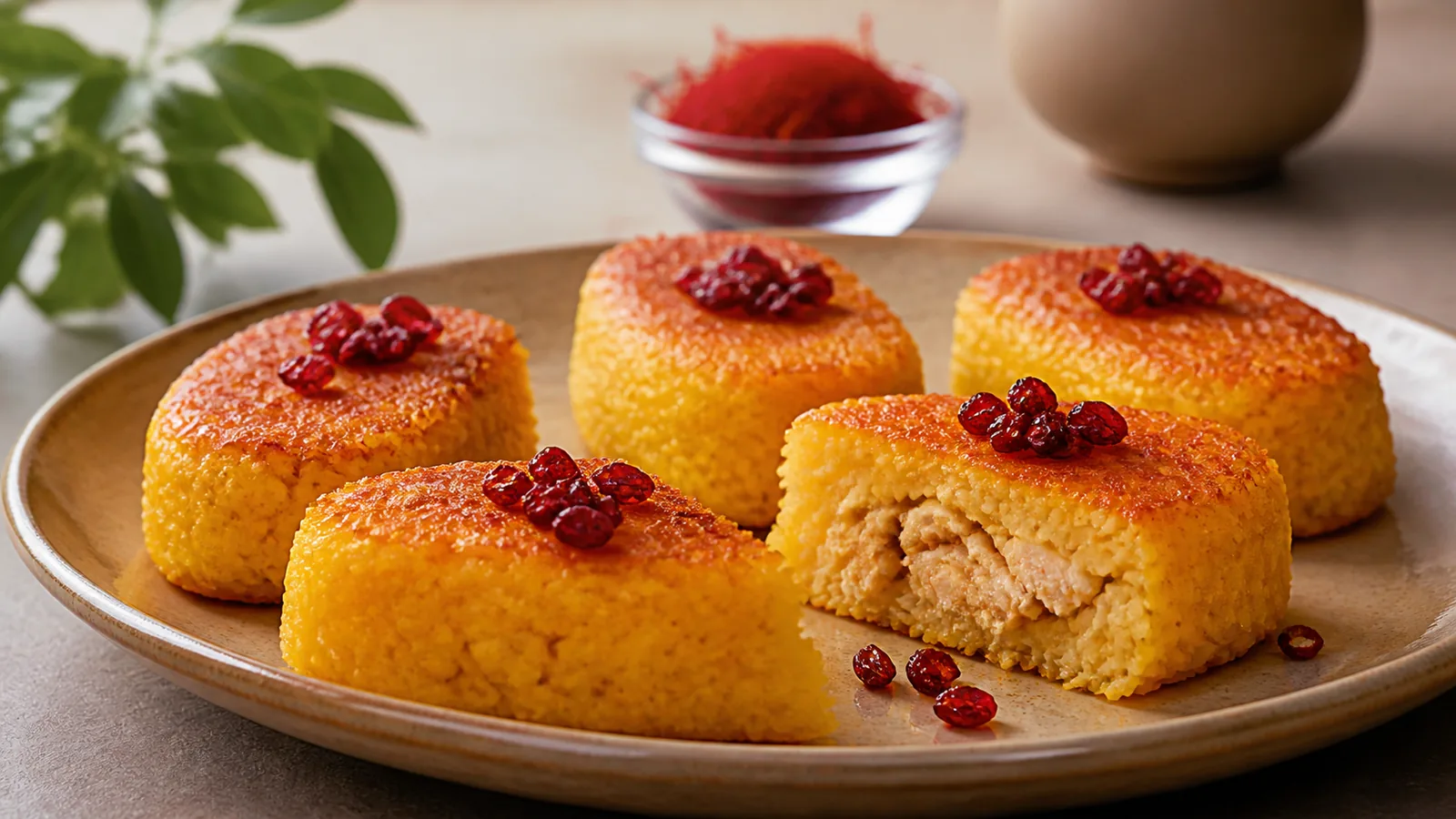 Individual saffron tahchin portions with chicken and barberries