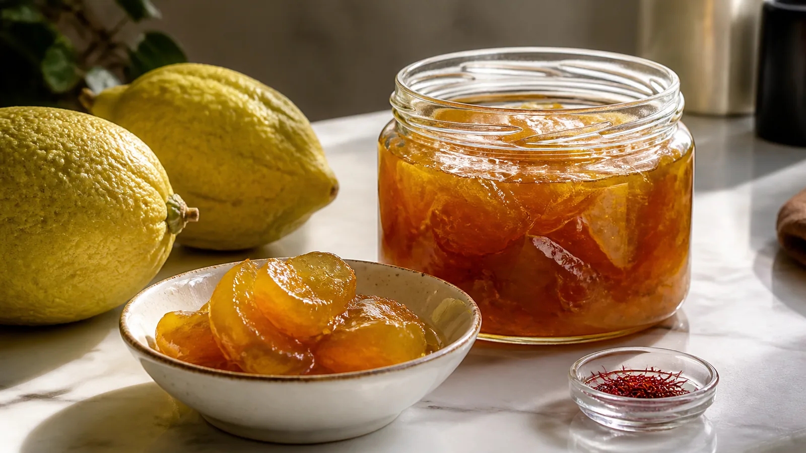 Balang citron peel jam with saffron in a glass jar