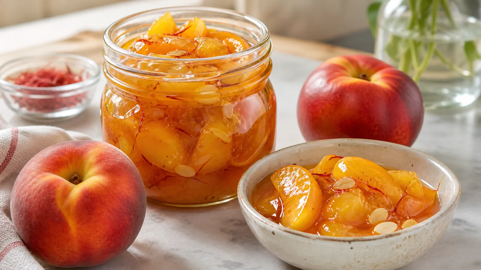 Peach and nectarine jam with saffron and sliced almonds