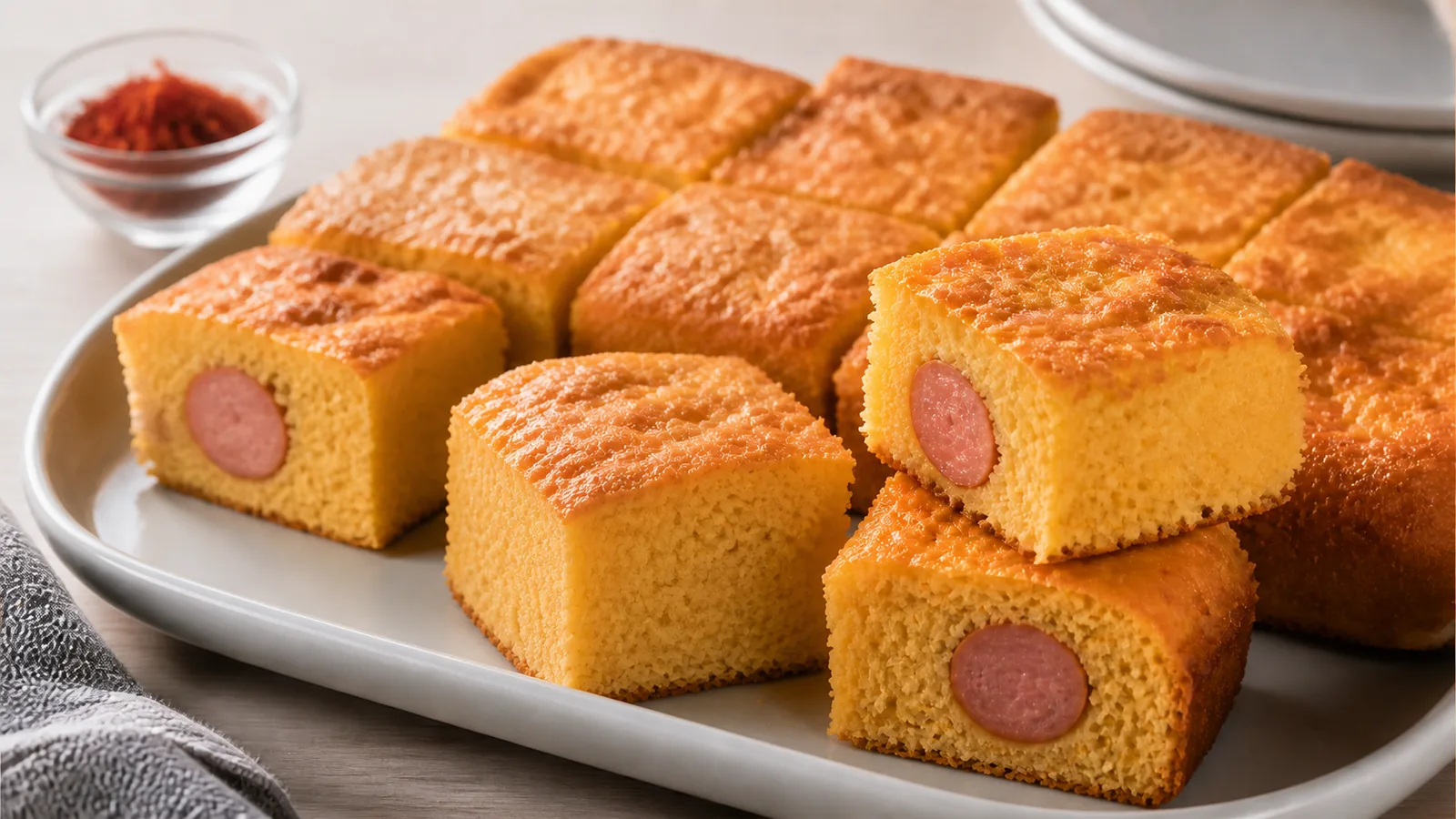 Saffron corn bread squares with hot dog centres