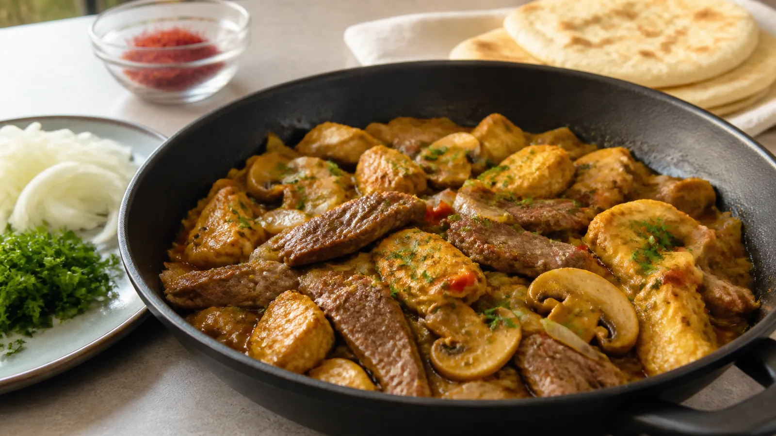Pan-cooked Bakhtiari kebab with chicken veal mushrooms and saffron