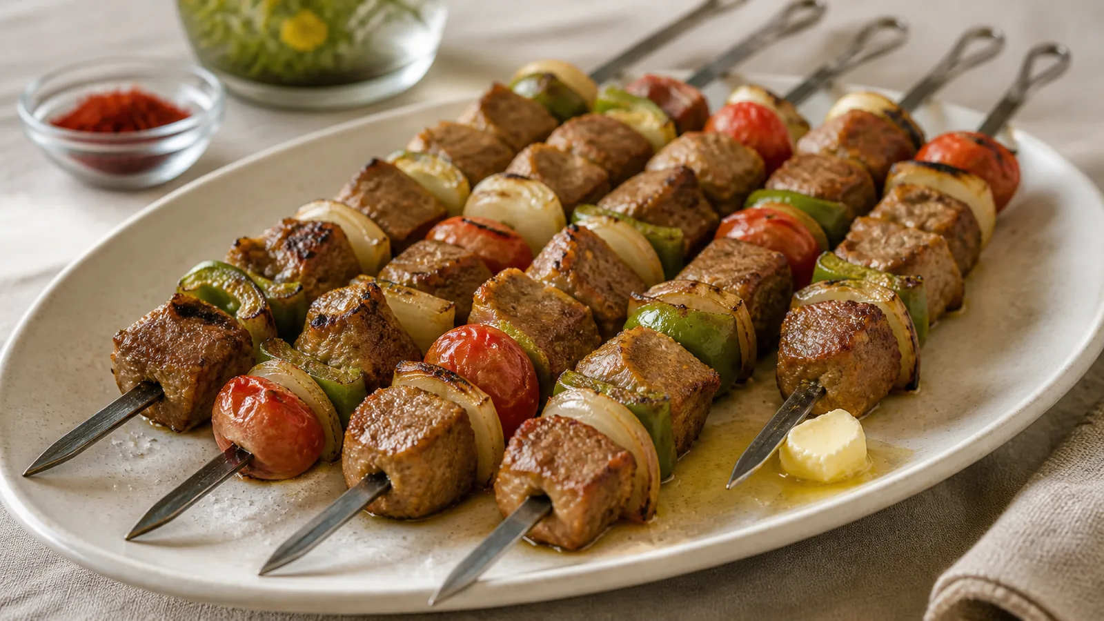 Six saffron kebab skewers with meat peppers tomatoes and onions