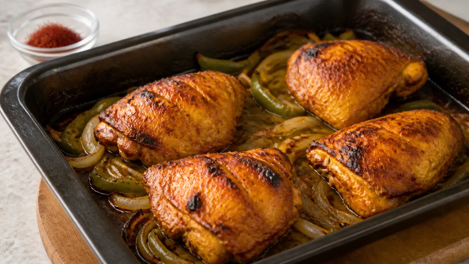 Saffron tandoori chicken thighs roasted with onions and green peppers