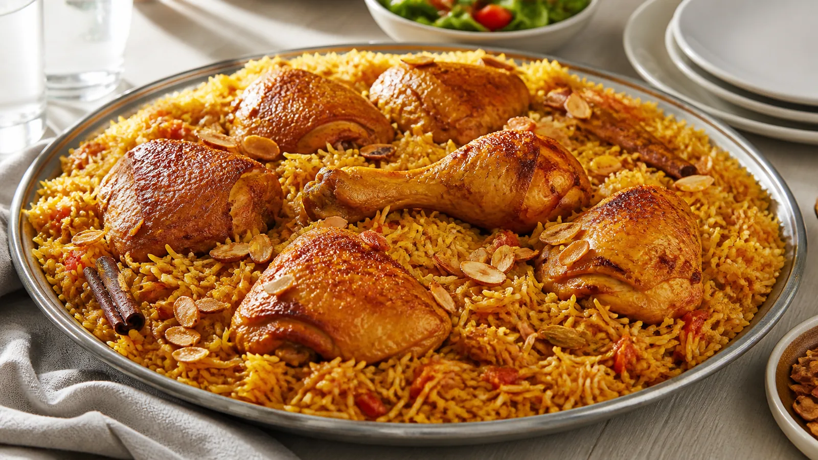 Chicken kabseh with saffron basmati rice and toasted almonds