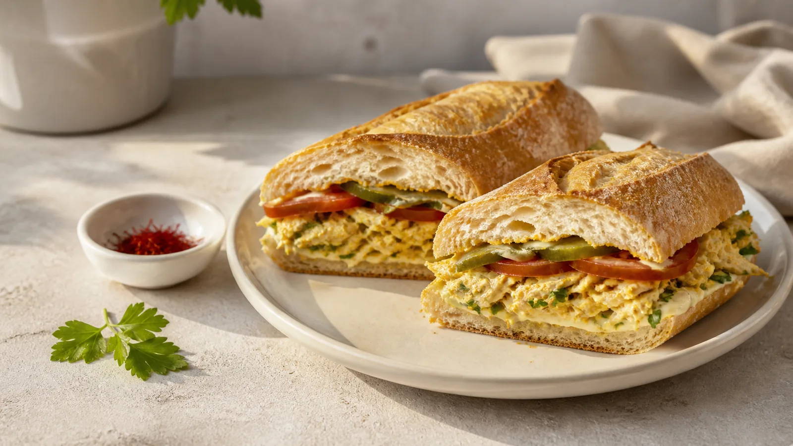 Saffron chicken sandwich with parsley, pickles and tomato in a baguette