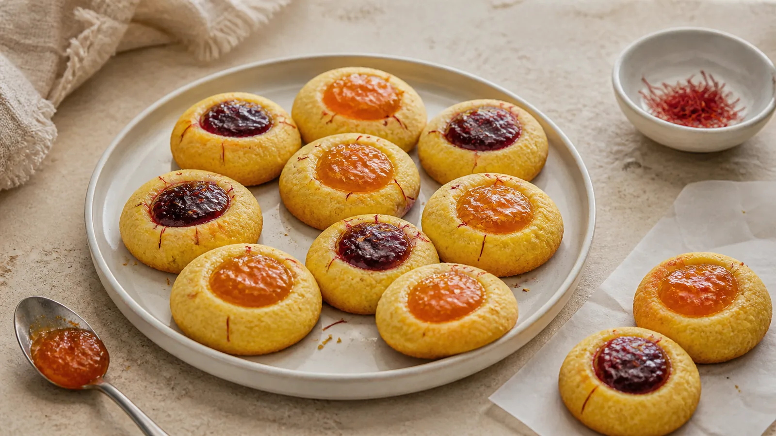 Saffron thumbprint cookies filled with apricot and berry marmalade