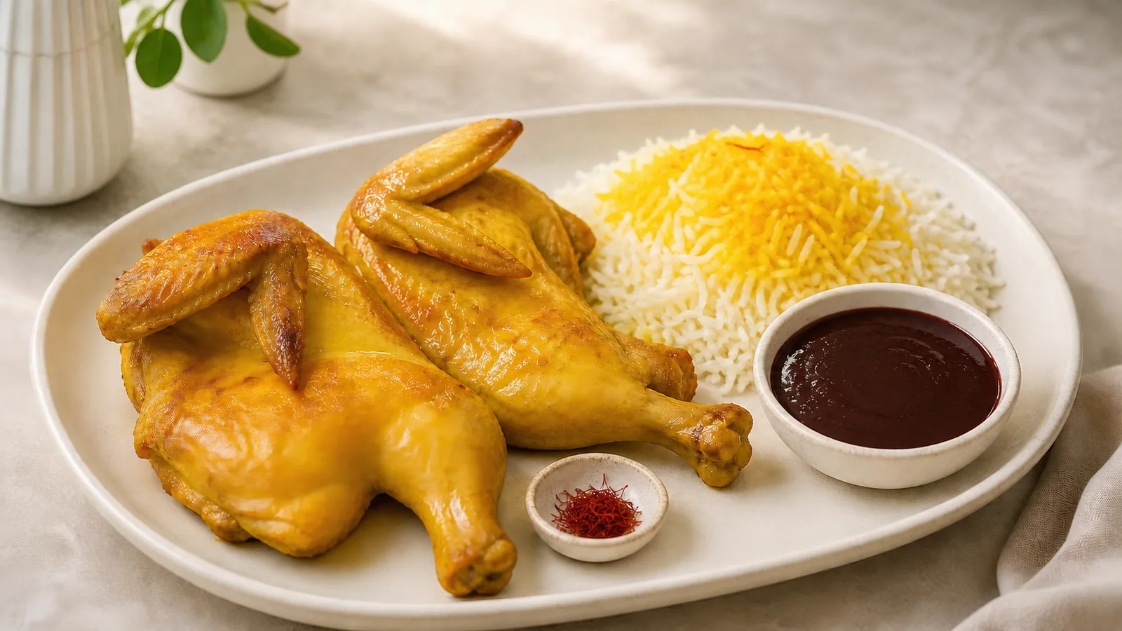 Golden Akbar Joojeh chicken with saffron rice and pomegranate sauce