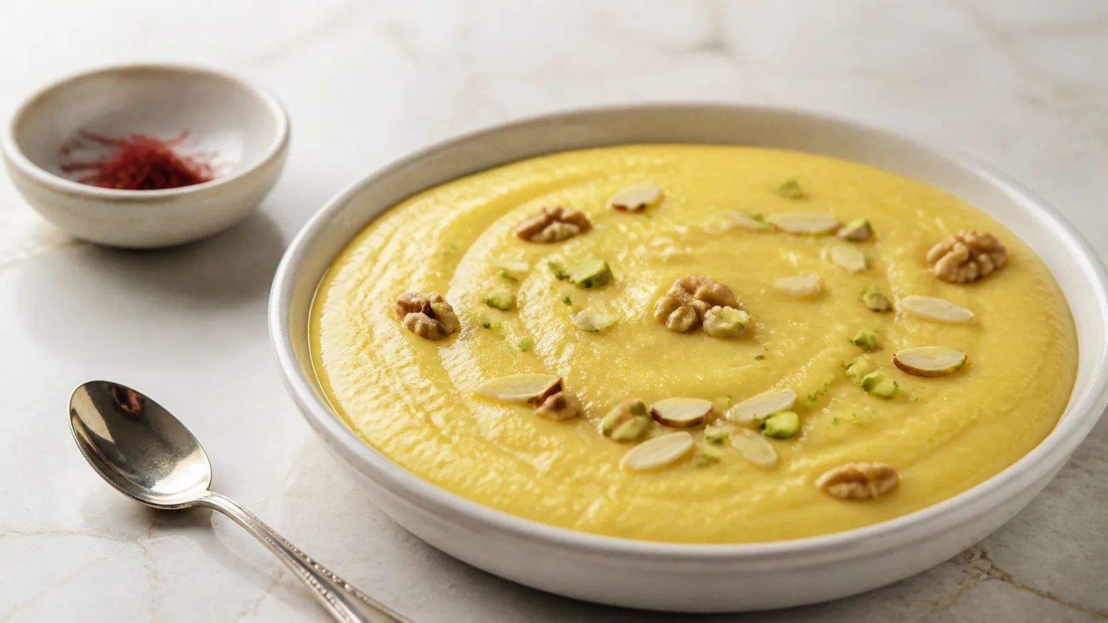 Soft saffron milk and cornstarch halva topped with pistachios and almonds
