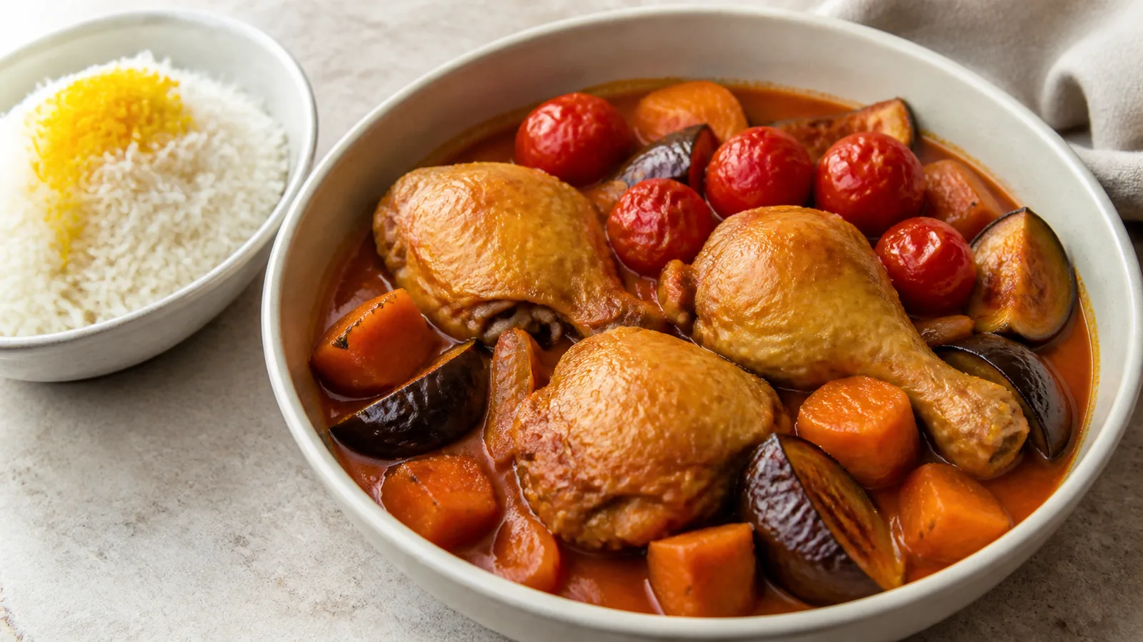 Saffron chicken stew with eggplant, pumpkin and small tomatoes